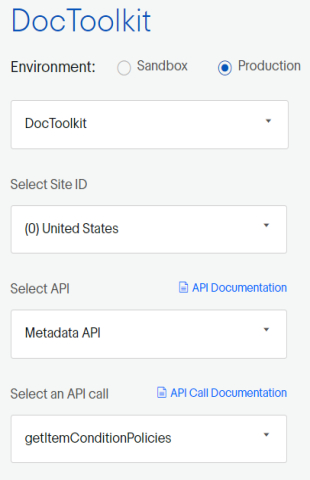 API Explorer selection boxes